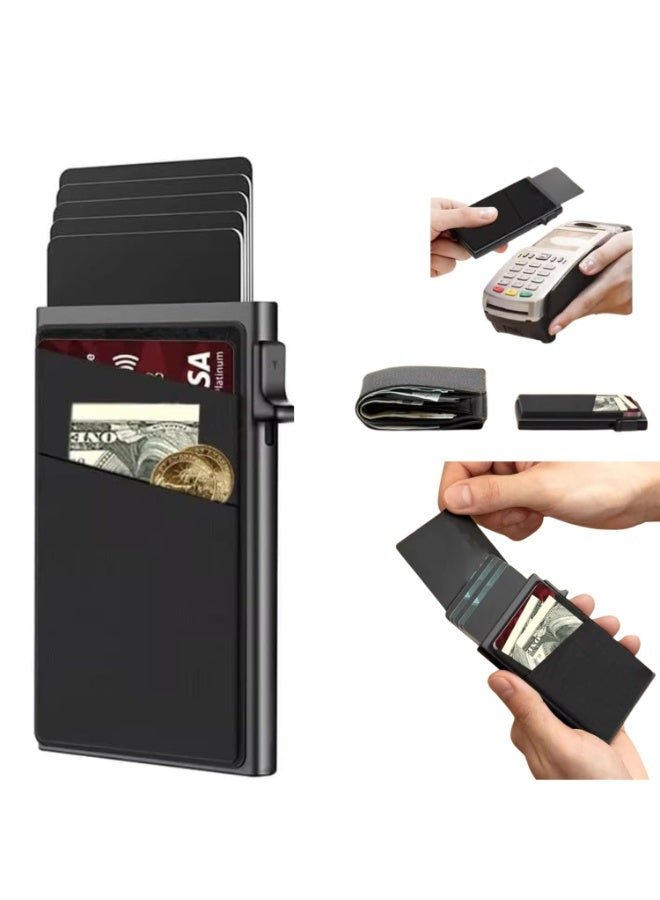 حافظة بطاقات ائتمان مانعة للتتبع الترددي، بمشبك نابضي لتخزين النقود والعملات المعدنية، باللون الأسود - Image 2