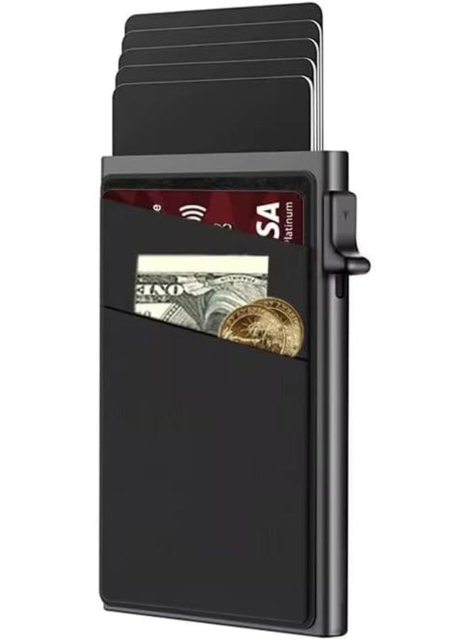 حافظة بطاقات ائتمان مانعة للتتبع الترددي، بمشبك نابضي لتخزين النقود والعملات المعدنية، باللون الأسود - Image 1