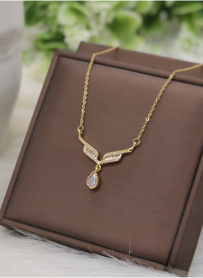 Generic Women's Stainless Steel Necklace with Wing Design and Shiny Stone 