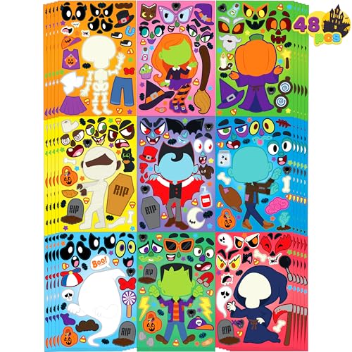 JOYIN 48 Pcs Halloween Make a Face Stickers Halloween Party Favor for Kids Art Craft Party Supplies Classroom Activities Games Goodies Sticker Sheets with Witch Vampire Designs - Image 1