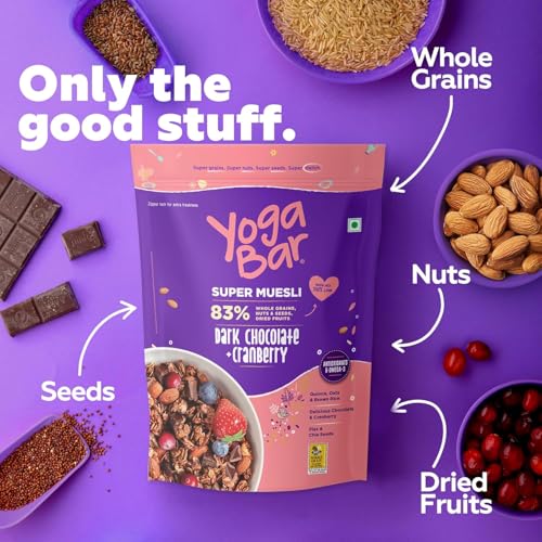 Yogabar Wholegrain Breakfast Muesli Combo | Fruits, Nuts and Seeds 700gm | Dark Chocolate Cranberry 700gm | Nuts + Seeds, Dried Fruits, Whole Grains - Image 2