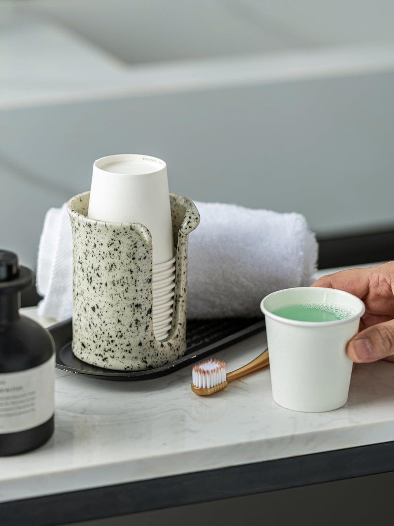 YHOJOY Bathroom Cup Dispenser 3 Oz, Bathroom Cup Holder for Dixie Cups Mouthwash Cup Dispenser, Small Paper Cups Holder for Bathroom Countertop, Ceramic, Speckled White - Image 4