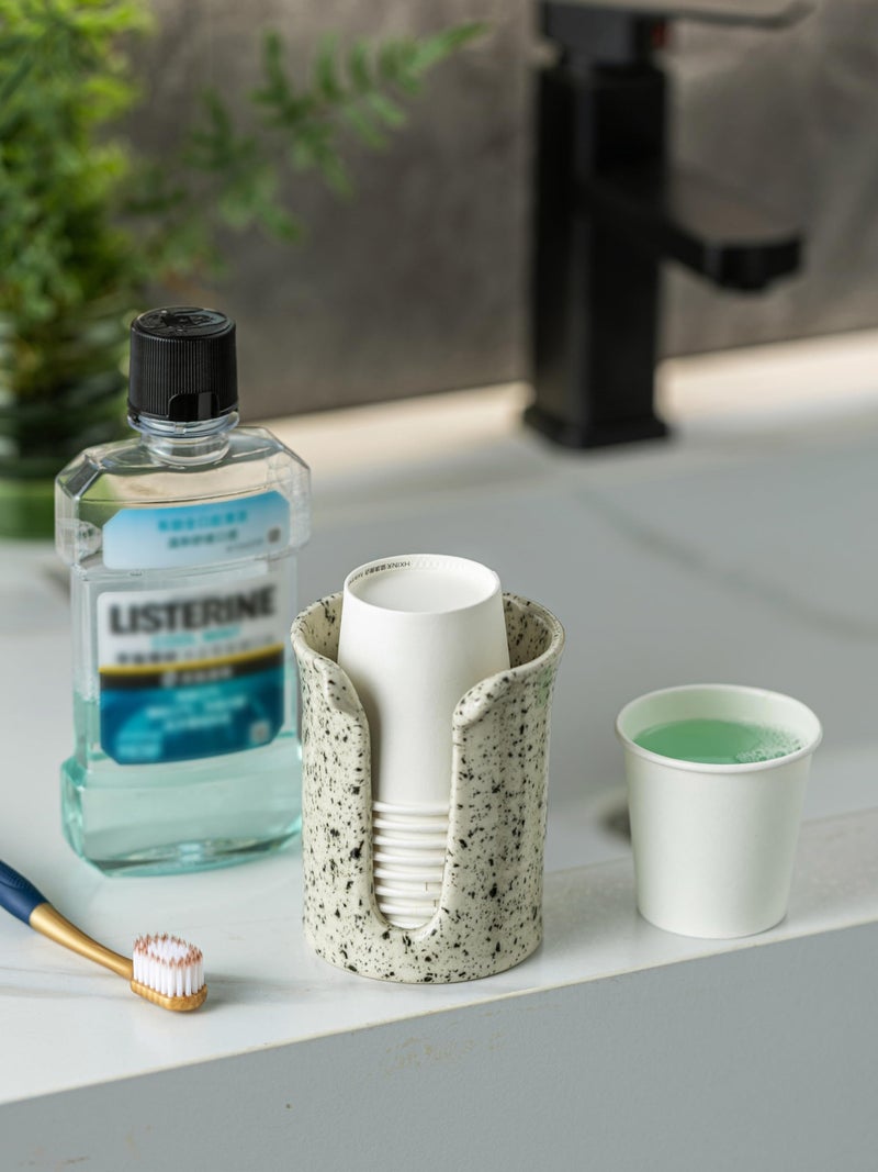YHOJOY Bathroom Cup Dispenser 3 Oz, Bathroom Cup Holder for Dixie Cups Mouthwash Cup Dispenser, Small Paper Cups Holder for Bathroom Countertop, Ceramic, Speckled White - Image 3