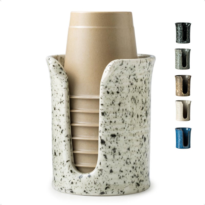 YHOJOY Bathroom Cup Dispenser 3 Oz, Bathroom Cup Holder for Dixie Cups Mouthwash Cup Dispenser, Small Paper Cups Holder for Bathroom Countertop, Ceramic, Speckled White - Image 1