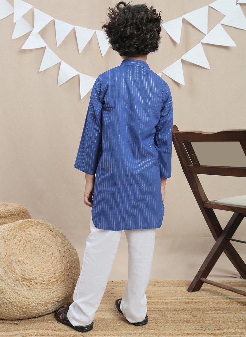 Globus Boys Blue Mandarin Collar Lurex Striped Detail Side Slit Kurta & Pant Festive Kurta Set - Image 3