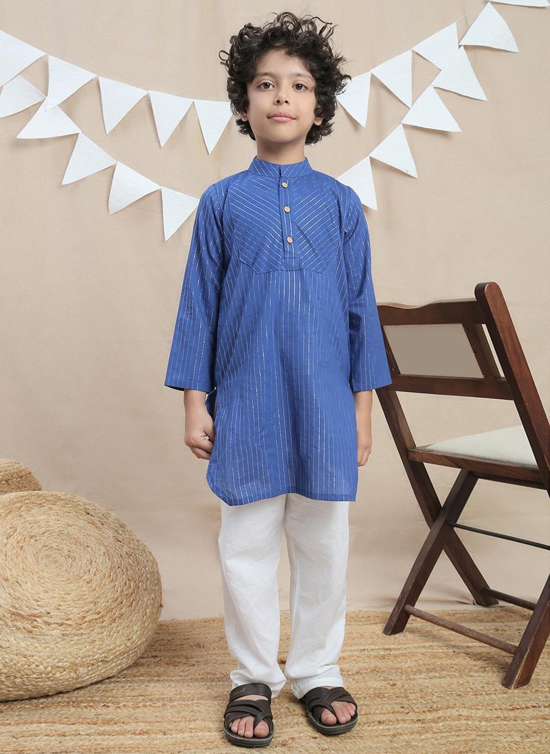 Globus Boys Blue Mandarin Collar Lurex Striped Detail Side Slit Kurta & Pant Festive Kurta Set - Image 1