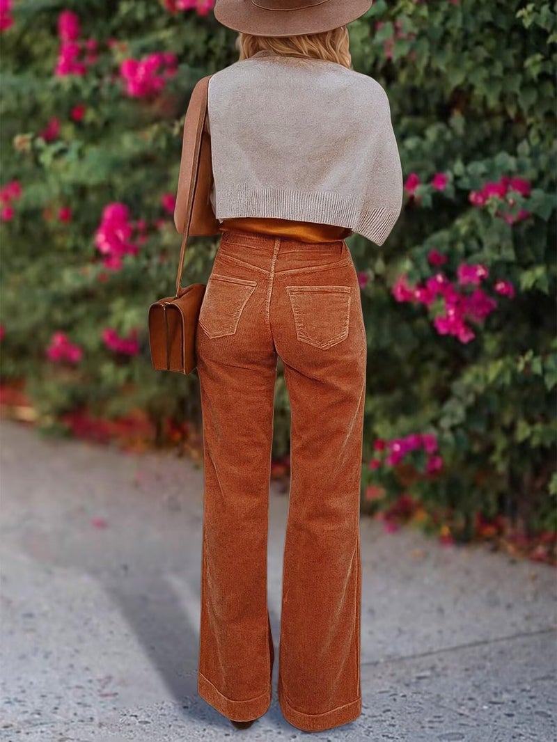 Flamingals Straight Leg Mid Waist Pants for Women with Solid Pocket Without Belt Caramel 2XL - Image 4