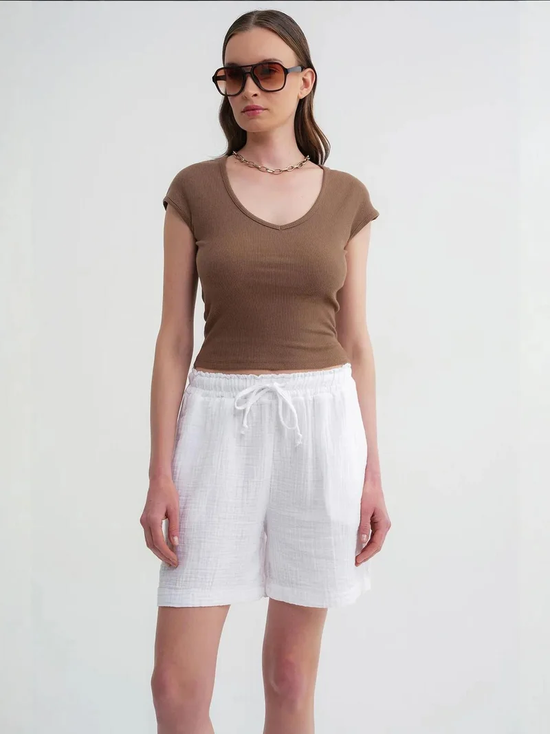 MixRay White Mixray High-Waisted Textured Cotton Shorts for Women | Best Price UAE