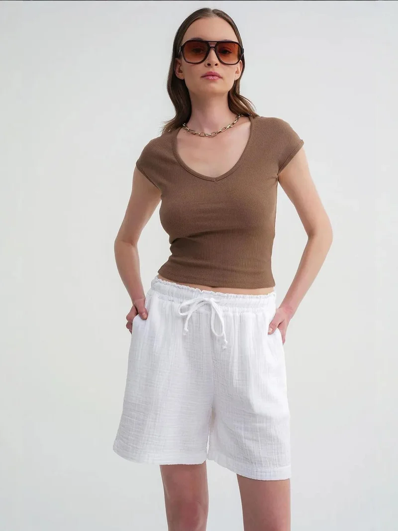 MixRay White Mixray High-Waisted Textured Cotton Shorts for Women | Best Price UAE