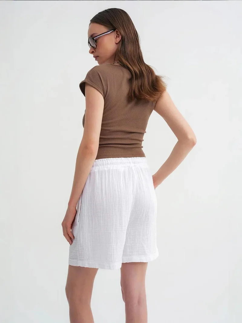 MixRay White Mixray High-Waisted Textured Cotton Shorts for Women | Best Price UAE