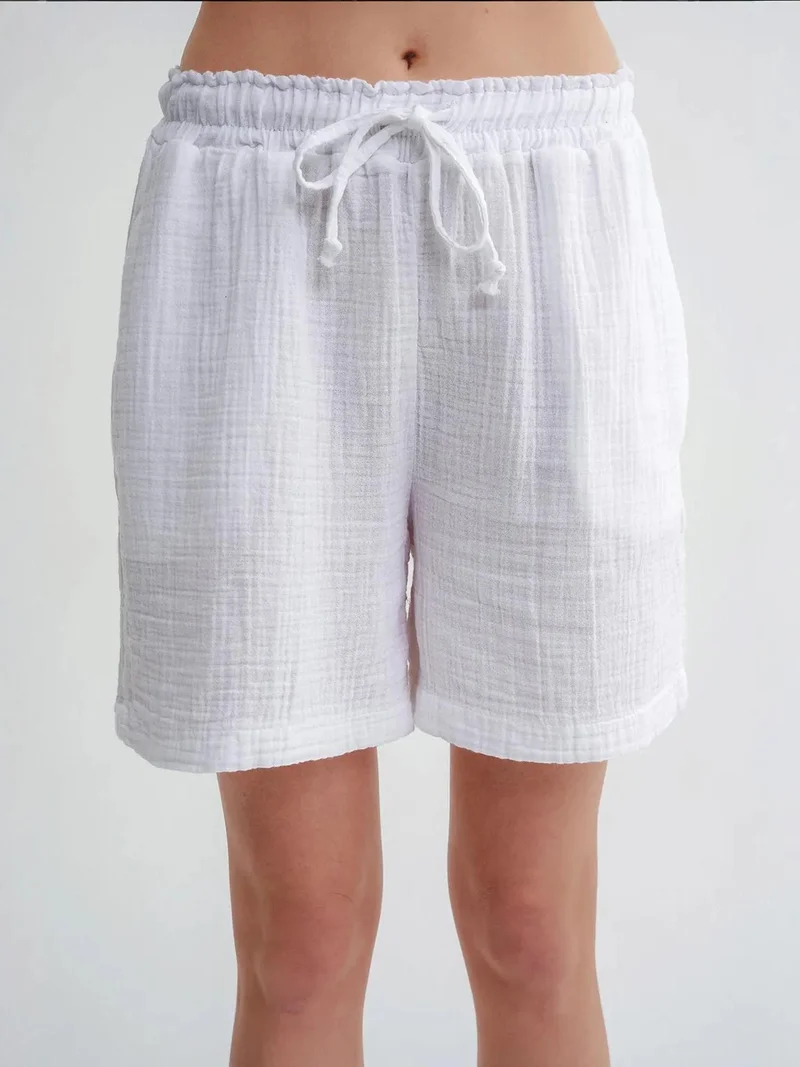 MixRay White Mixray High-Waisted Textured Cotton Shorts for Women | Best Price UAE