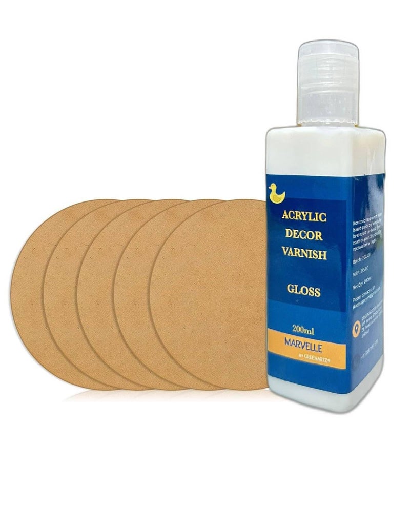 MARVELLE 100ml Acrylic Decor Varnish Gloss Finish for Canvas Wood Oil and Acrylic Painting ( with 5pc MDF Coasters 4 inch 3mm Thickness) - Image 1