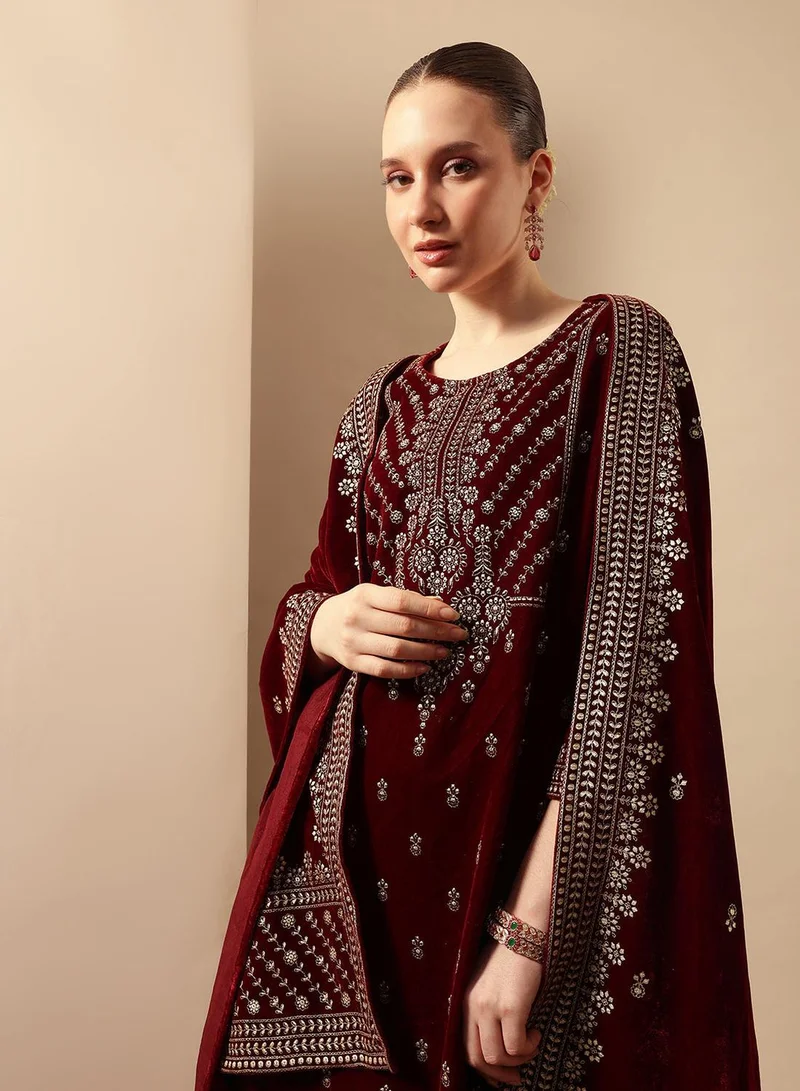 ISHIN Rich Maroon Velvet Gold Print Straight Kurta sets with dupatta