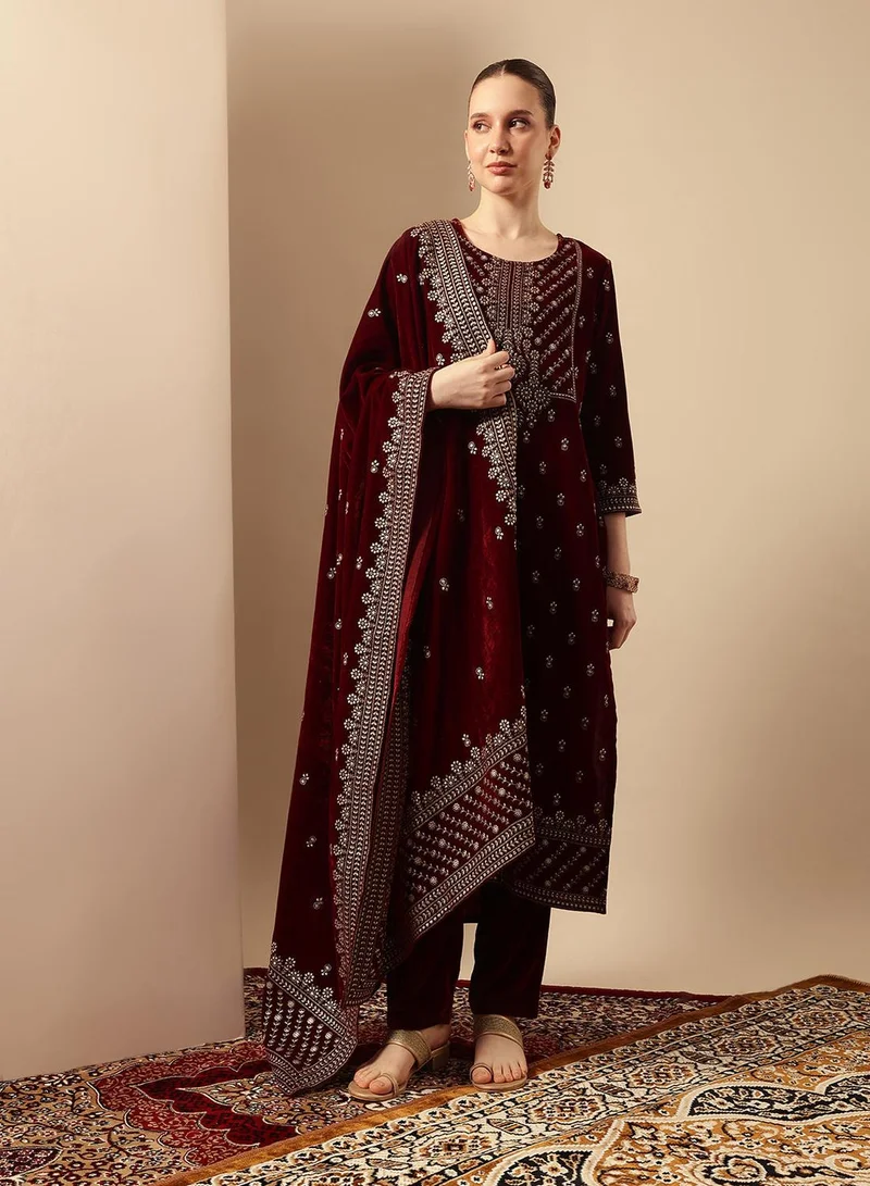 ISHIN Rich Maroon Velvet Gold Print Straight Kurta sets with dupatta