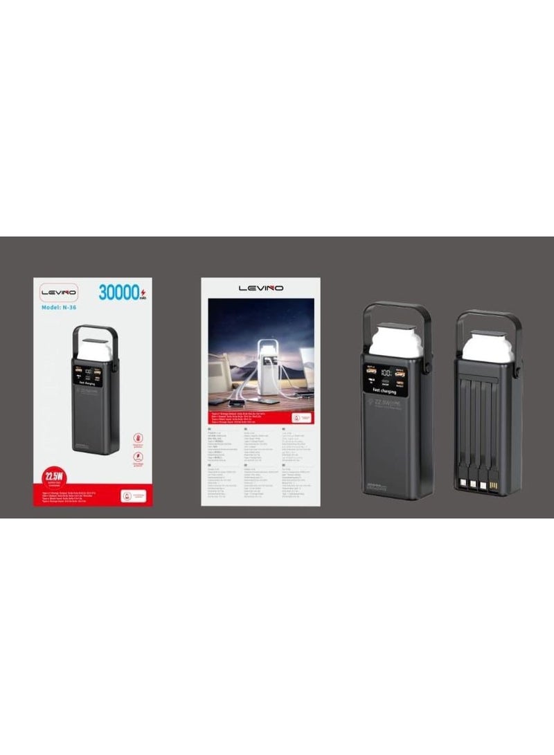 N-36 30000mAh Power Bank with Built-In Cables, 22.5W Fast Charging, LED Digital Display & Multi-Port Output – Black 1 Year Warranty