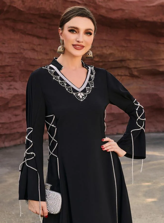 تايك تو Take Two Embellished Flare Sleeve Waist Tie Maxi Dress