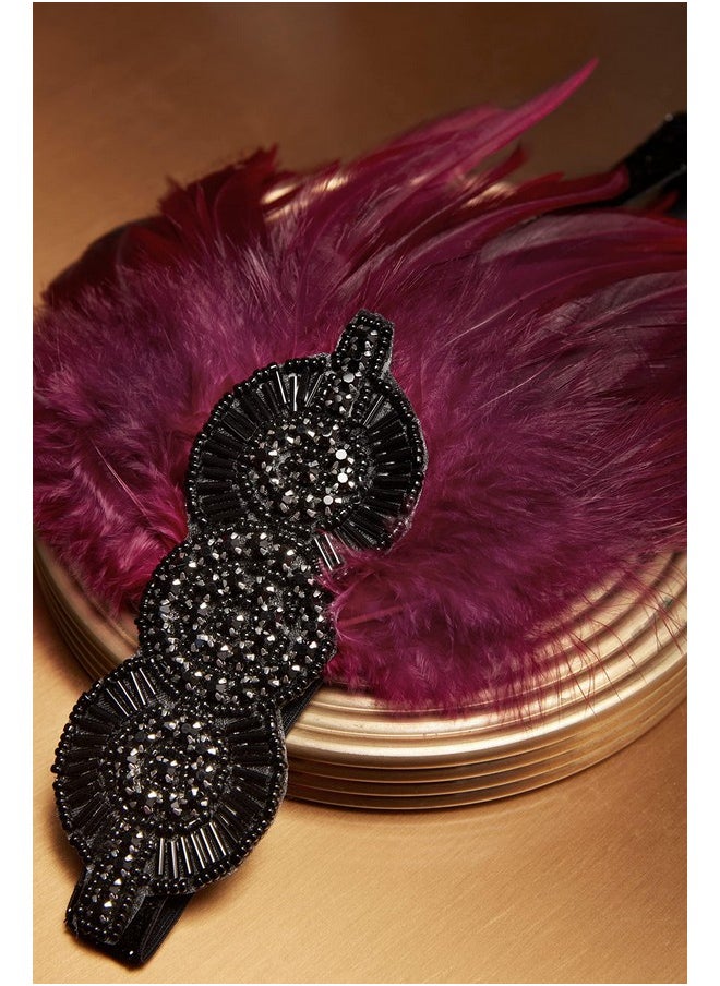 BABEYOND - 1920S Flapper Headpiece Roaring 20S Great Gatsby Headband Vintage Feather Headband 1920S Flapper Gatsby Hair Accessories For Party (Burgundy) - Image 1