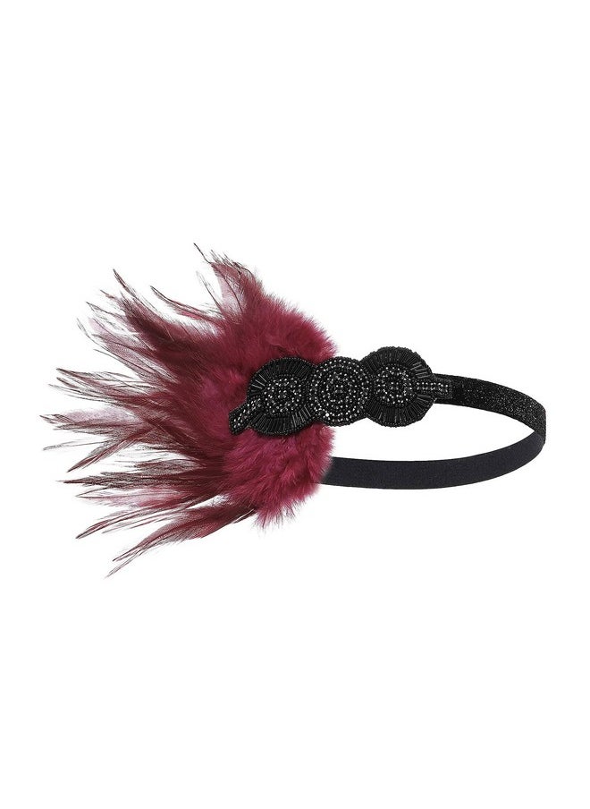 BABEYOND - 1920S Flapper Headpiece Roaring 20S Great Gatsby Headband Vintage Feather Headband 1920S Flapper Gatsby Hair Accessories For Party (Burgundy) - Image 1