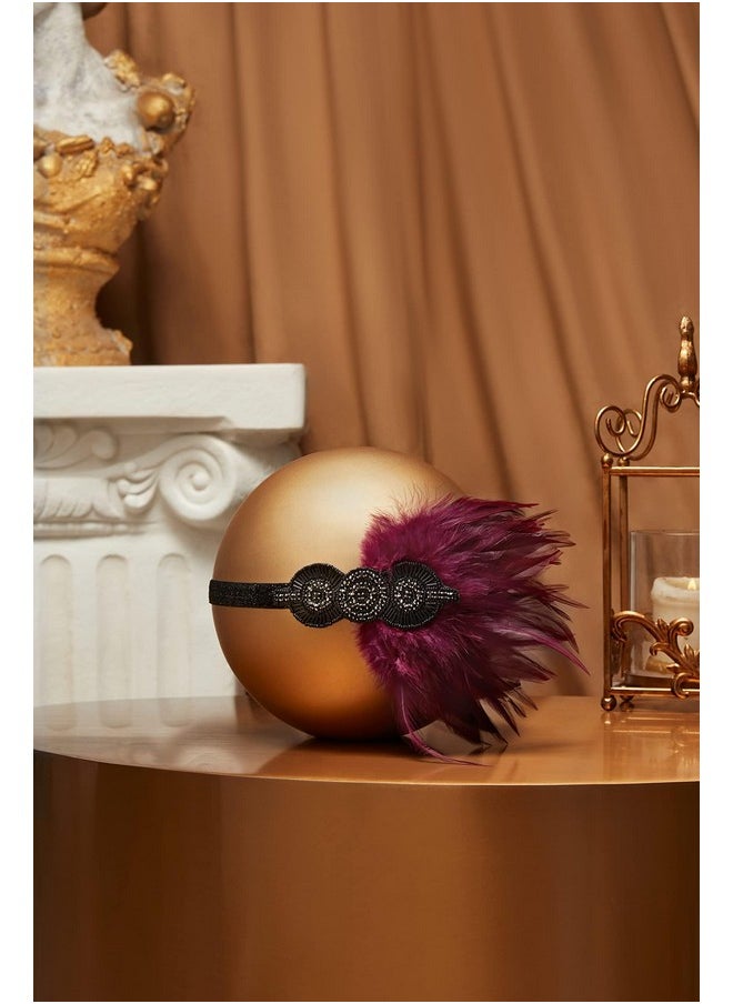 BABEYOND - 1920S Flapper Headpiece Roaring 20S Great Gatsby Headband Vintage Feather Headband 1920S Flapper Gatsby Hair Accessories For Party (Burgundy) - Image 1