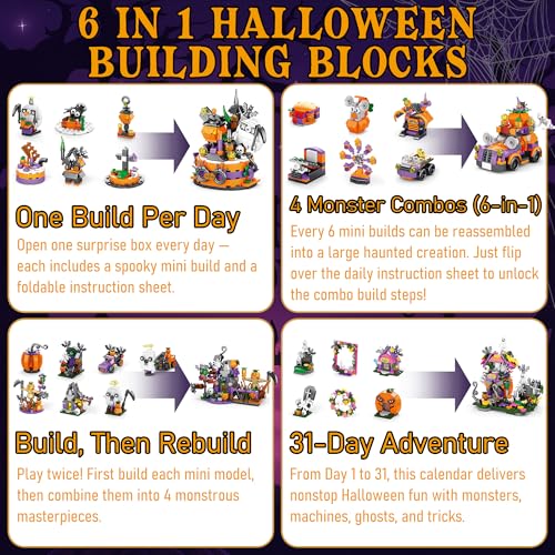 Funewest Advent Calendar 2026 31 Days Spooky Countdown Kit 6 in 1 Building Blocks Set Creepy Carnival Building Toy Gifts for Adult Teens Kids - Image 3
