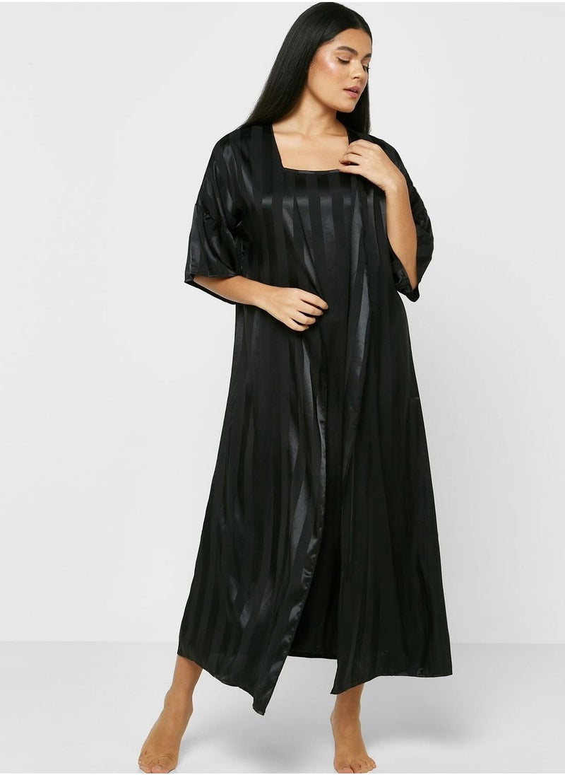 2 Piece Stripe Pyjama Set Night Robe & Dress - Image 1