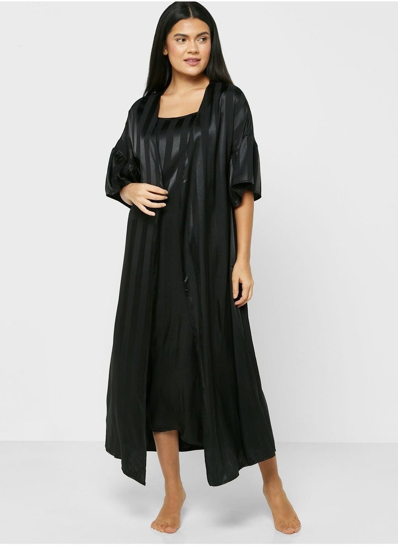 2 Piece Stripe Pyjama Set Night Robe & Dress - Image 5