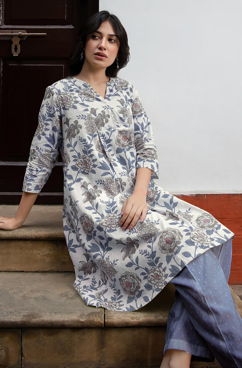 Janasya Women's White Pure Cotton Floral Printed Tunic (JAC24TU01583-XL) - Image 2