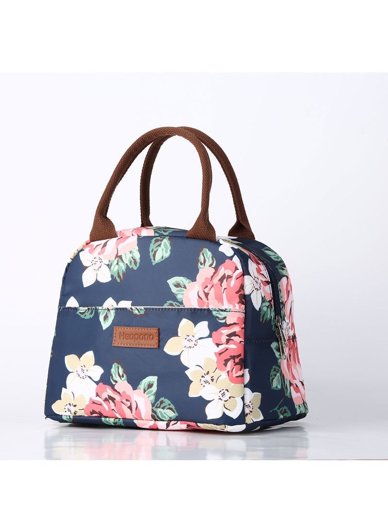 Large Oxford Insulated Tote New Floral Lunch Bag Women Navy Blue Rose 