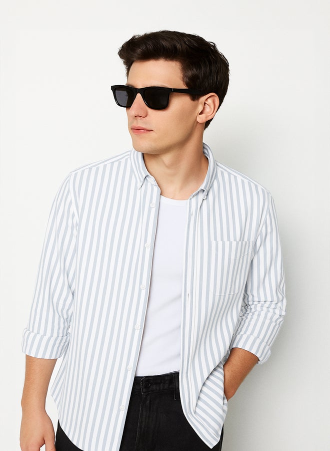 trendyol Khaki Regular Fit Striped Oxford Easy Iron Men's Shirt - Image 2