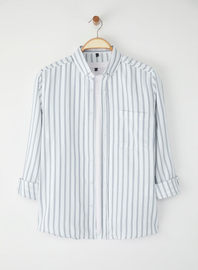 trendyol Khaki Regular Fit Striped Oxford Easy Iron Men's Shirt - Image 1