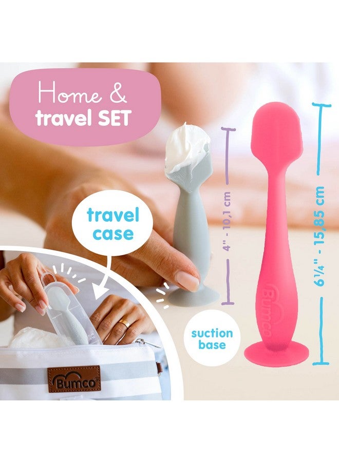 بيبي بام برَش فرشاة أرداف بومكو بيبي + ملعقة كريم حفاضات صغيرة مع حقيبة - ملعقة خالية من مادة BPA، ملعقة حفاضات ناعمة، أداة وضع كريم حفاضات الأطفال، أساسيات حقيبة الحفاضات من ابتكار الأم، ملعقة المؤخرة - Image 2