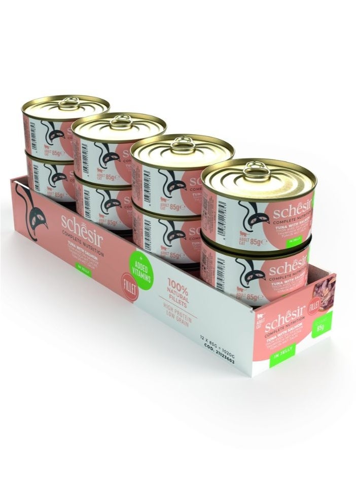 شيسر ١٢ قطعة طعام قطط رطب بالتونة والسلمون في علب جيلي ٨٥ جرام - Image 1