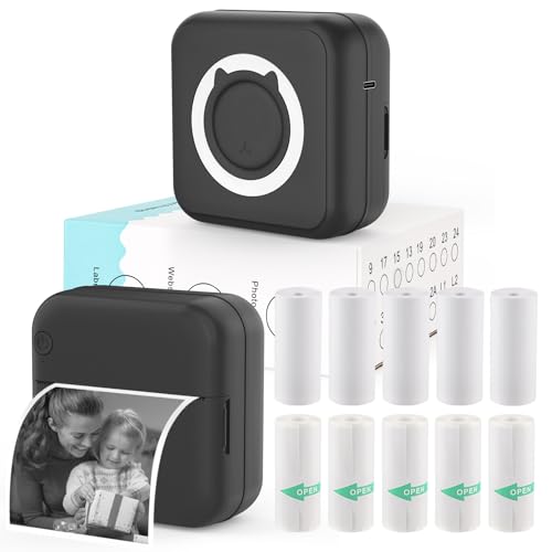 HUIJUTCHEN Mini Photo Printer - Portable Pocket Sticker Printers for iPhone Thermal Printer with 10 Rolls Thermal Paper for Photo, Memo, Journal - Black - Image 1
