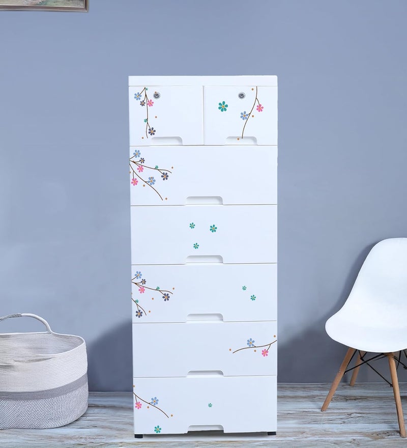 The Tickle Toe Plastic Chest of Drawer for Kids with 7 Drawers Multipurpose Organizer Kids Wardrobe Dresser Storage for Small Clothing Toys with 2 Locks 44Lx285Wx98H Cm White Flower Print - Image 1