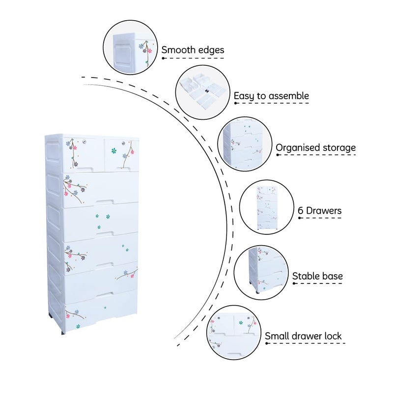 The Tickle Toe Plastic Chest of Drawer for Kids with 7 Drawers Multipurpose Organizer Kids Wardrobe Dresser Storage for Small Clothing Toys with 2 Locks 44Lx285Wx98H Cm White Flower Print - Image 3