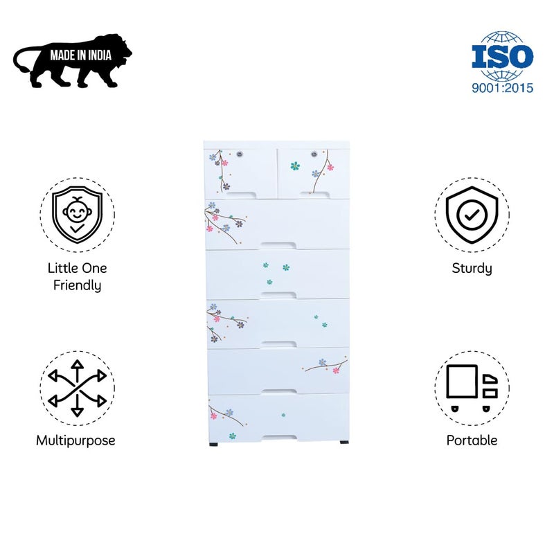 The Tickle Toe Plastic Chest of Drawer for Kids with 7 Drawers Multipurpose Organizer Kids Wardrobe Dresser Storage for Small Clothing Toys with 2 Locks 44Lx285Wx98H Cm White Flower Print - Image 4