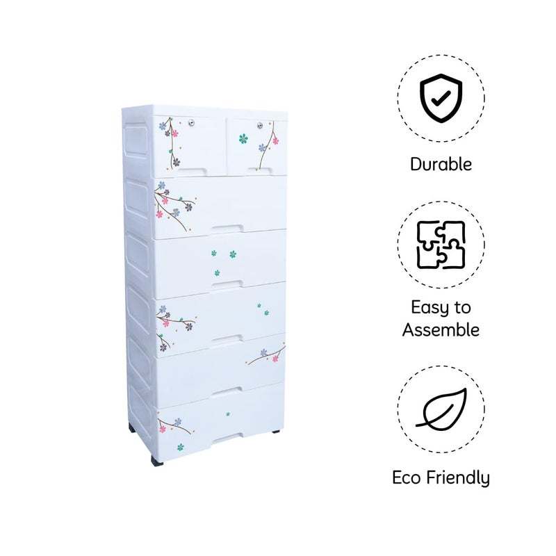 The Tickle Toe Plastic Chest of Drawer for Kids with 7 Drawers Multipurpose Organizer Kids Wardrobe Dresser Storage for Small Clothing Toys with 2 Locks 44Lx285Wx98H Cm White Flower Print - Image 5