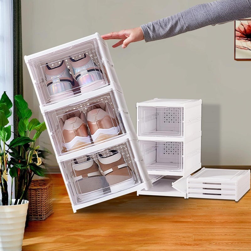 RELEMTRA Drop Front Shoe Organizer Storage Box No Assembly Stackable Shoe Storage Bins with Clear Door Free Standing Shoe Shelf Cabinet with Lids Plastic Shoe Rack for Closet Entryway - Image 1