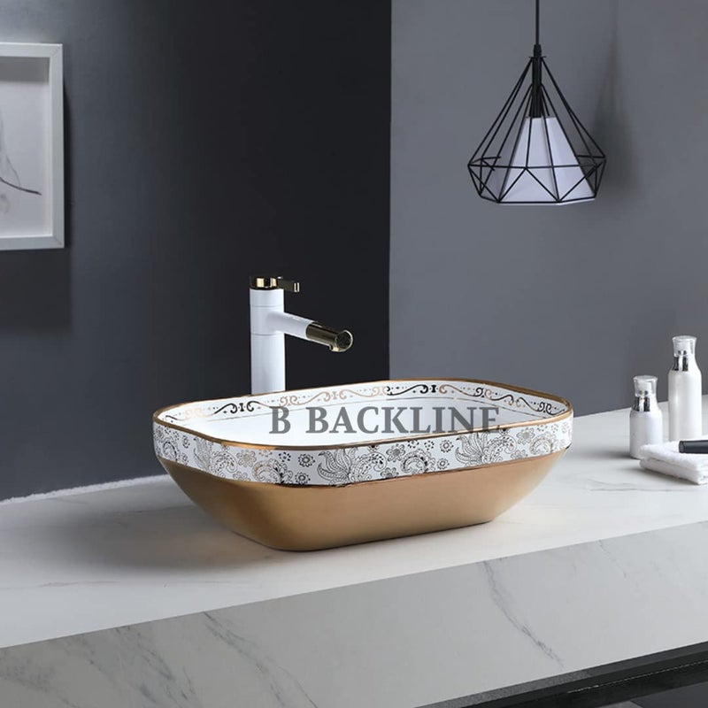 B Backline Ceramic Table Top Wash BasinArt BasinCounter top BasinBathroom Sink Basin For Bathroom Living Room 20 X 14 X 55 Inches Rosegold White Only Basin - Image 1