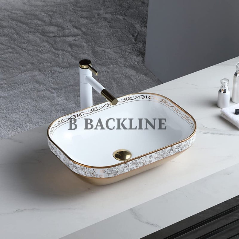 B Backline Ceramic Table Top Wash BasinArt BasinCounter top BasinBathroom Sink Basin For Bathroom Living Room 20 X 14 X 55 Inches Rosegold White Only Basin - Image 2