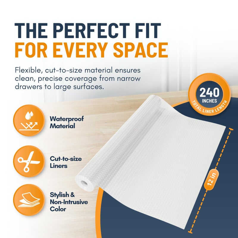 Linda's Essentials Shelf Liner Drawer Liner for Kitchen Cabinets Non-Adhesive by Lindaâ€™s Essentials (12 x 240 Inches) - Non-Slip Easy Clean Kitchen Cabinet and Cupboard Protector, Waterproof Mat, Clear Roll - Image 4