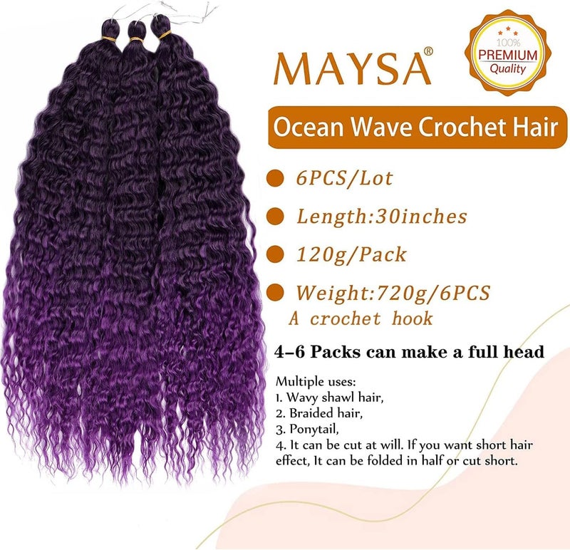 MAYSA Purple Ocean Wave Braiding Crochet Hair Extensions, 30inch Ombre Deep Wave Crochet Hair, 6Packs Soft Synthetic Curly Crochet Hair Extensions for Black Women #1BTpurple - Image 2