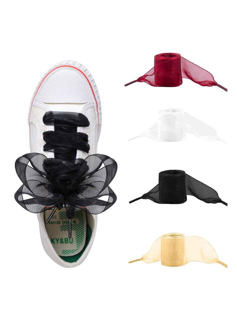 SYOSI Shoe Laces Fashion Satin Shoe Laces Soft Casual Transparent Organza Flat Ribbon Shoelaces for Women Girls Lady Sneaker Shoestrings, Snow Yarn Shoelace, 4-colored,4cm Wide - Image 1