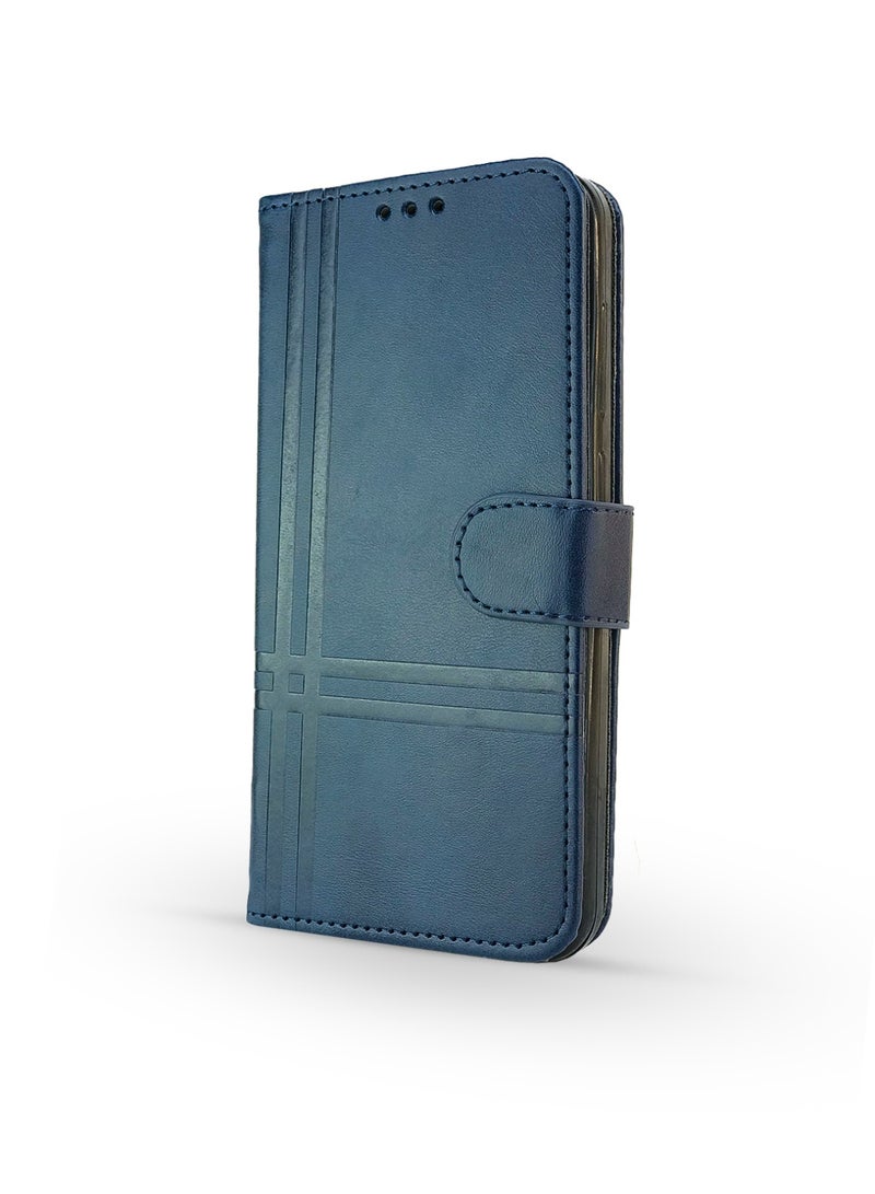 جراب جلدي قلاب بتصميم خطين مع فتحة للبطاقات، ومسند، وحزام بإغلاق مغناطيسي، وغطاء داخلي من السيليكون TPU، متوافق مع هاتف Honor 200 Pro (6.78 بوصة) (أزرق) - Image 1