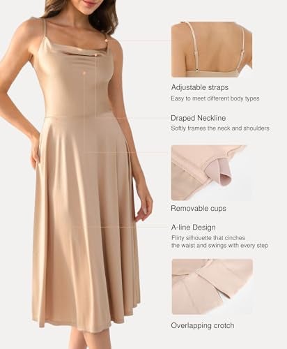 Popilush A-line Dresses for Women All in One Shapewear Tummy Control Corset Spaghetti Strap A-Line Midi Tea Party Dress for Evening Formal Champagne - Image 4