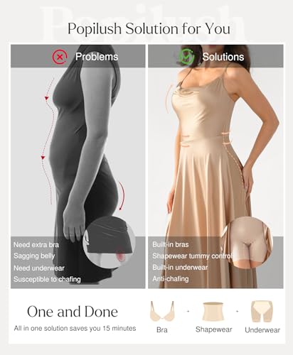 Popilush A-line Dresses for Women All in One Shapewear Tummy Control Corset Spaghetti Strap A-Line Midi Tea Party Dress for Evening Formal Champagne - Image 3
