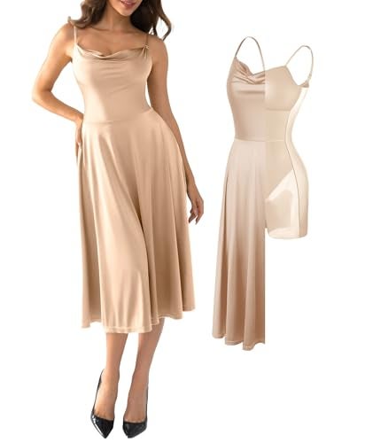 Popilush A-line Dresses for Women All in One Shapewear Tummy Control Corset Spaghetti Strap A-Line Midi Tea Party Dress for Evening Formal Champagne - Image 1