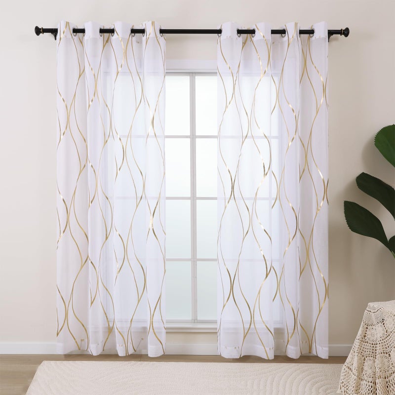 L.Z.E Gold White Sheer Curtains 72 Inch Length for Living Room 2 Panels Set Short Bedroom See Through Sheer Curtains & Drapes Grommet Top Transparent Sheers with Wave Patterns (54"" W x 72"" L) - Image 1
