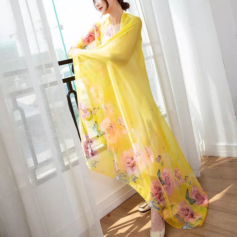 New Chiffon All-match Silk Scarf Oversized Sunscreen Womens Beach Scarf Korean Fashion Printed Silk Scarf Thin Shawl AutumnButterfly Rose-Yellow Butterfly Rose-Yellow 