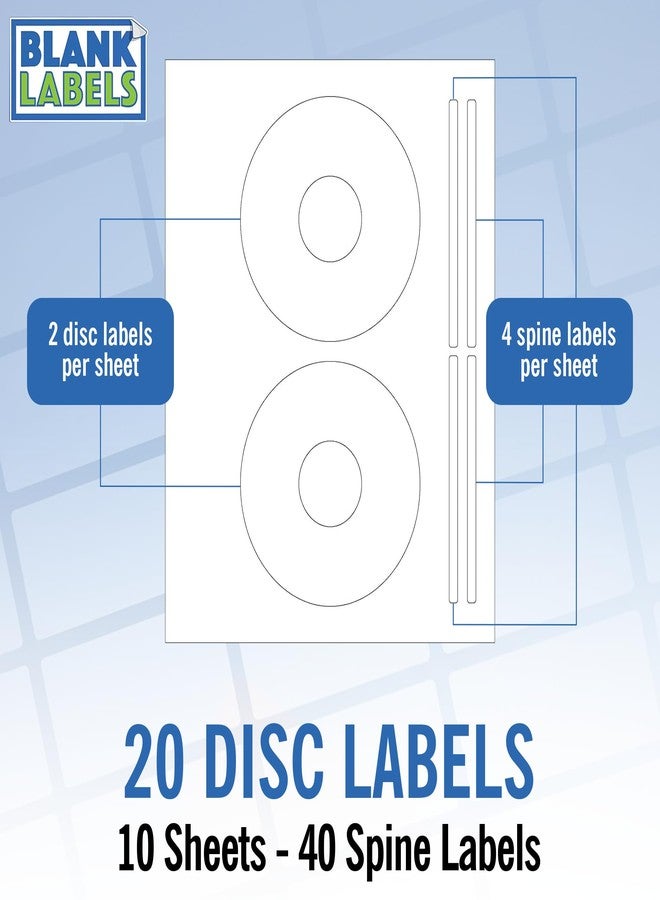 Blank Labels CD/DVD Label Full Face | Qty 20 Disc Labels, 40 Spine | 10 Sheets Total | Matte White Adhesive | Inkjet & Laser Compatible | Memorex Large Core | Easy to Peel | Blank Labels - Image 1